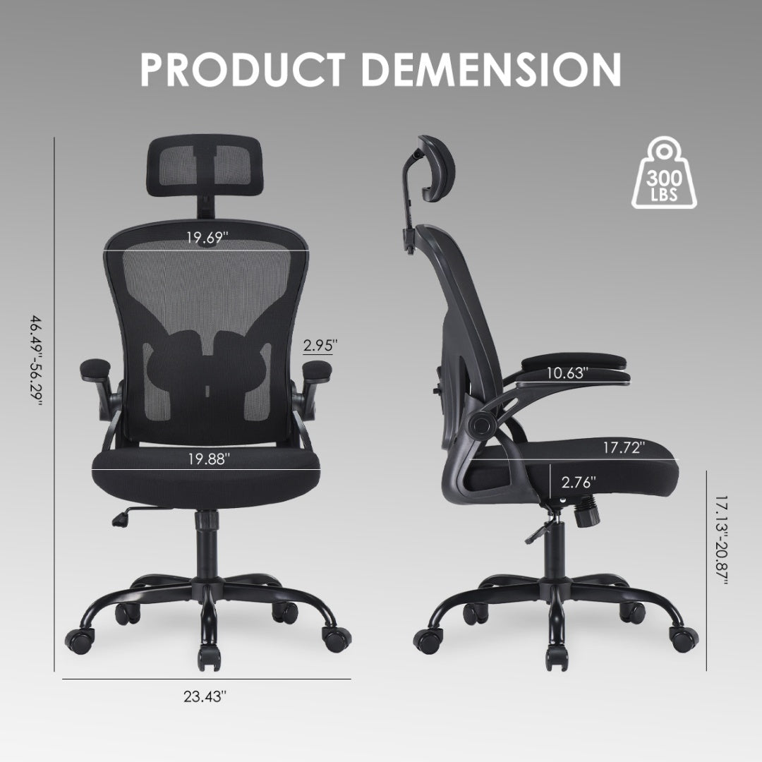 Ergonomic Office Chair with Headrest & Adjustable Lumbar Support — High Back, Mesh Swivel Desk Chair, Black