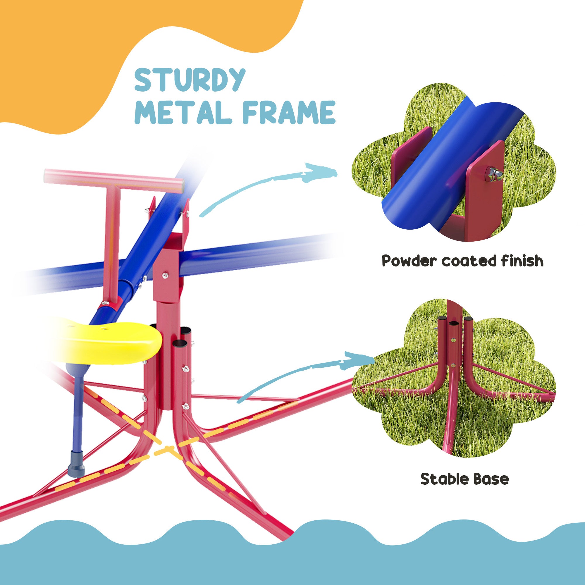 Coocosh Sturdy Metal Frame with Powder Coated Finish in Blue and Red, featuring a Stable Base and Durable Design for enhanced safety, showcased in a dynamic close-up perspective.