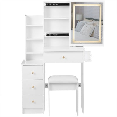Coocosh white vanity with lighted mirror, drawer, and shelving unit offers ample storage and a chic makeup station in a bedroom setting.