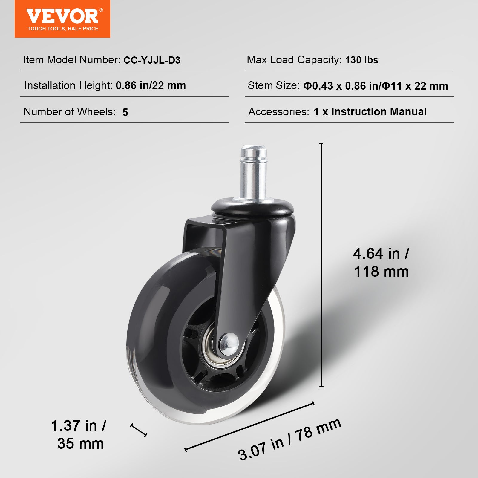 VEVOR Office Chair Wheels, Set of 5 — 3 Inch Heavy Duty Casters, 130 lb Capacity