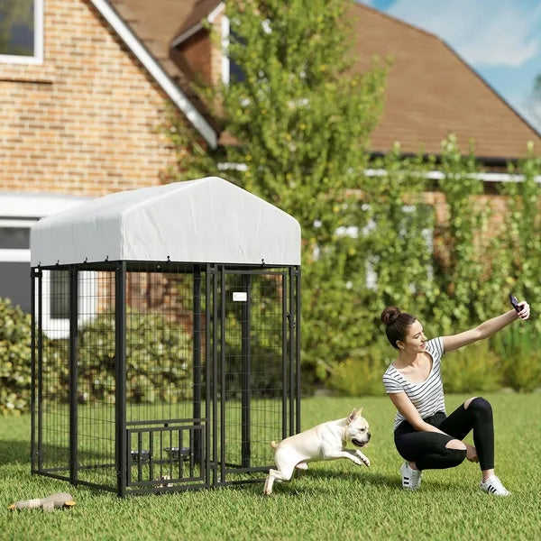 Welded Wire Outdoor Dog Kennel With 360 Rotating & 4 Levels Adjustable Bowls, Waterproof Cover