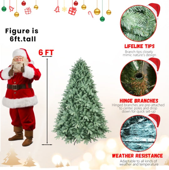 Artificial 6ft Blue Green Tint Christmas Tree With 1878 PE PVC Mixed Branch Tips, Memory Wire Iron Wire, Hinged Premium & Foldable Base For Indoor Holiday Decorating