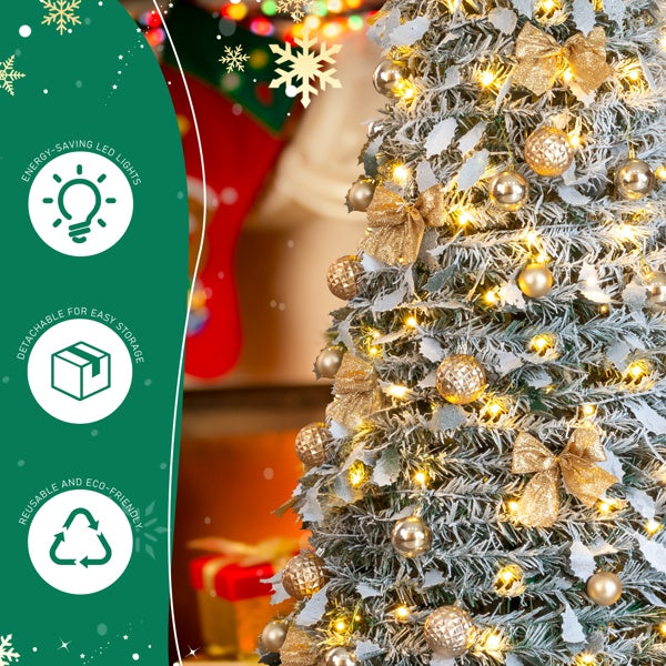 6 FT Snow Flocked Pre-lit Pop-Up Christmas Tree with 100 Warm Lights & Golden Ornaments