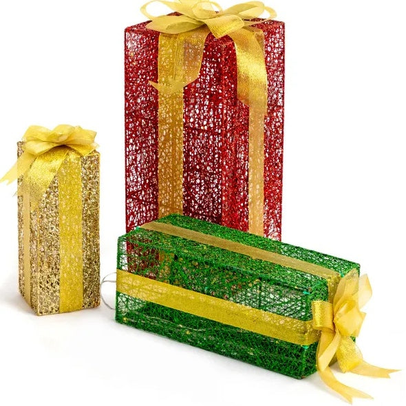 VINGLI Lighted Gift Boxes Set of 3 — Pre-lit Nestable Holiday Present Decor