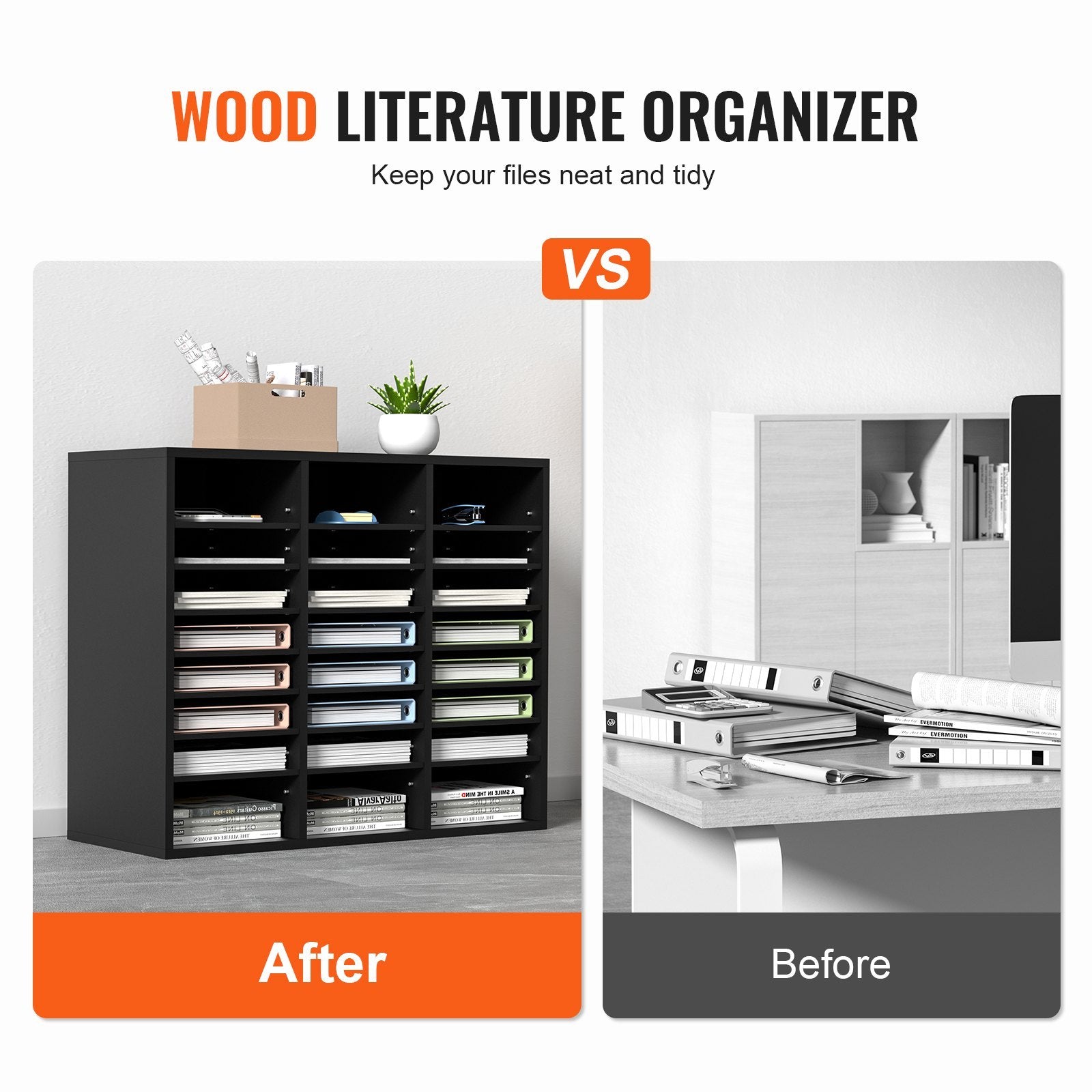 VEVOR Wood Literature Organizer, 24 Compartments, File Sorter With Removable Shelves, Mailbox Slots – Black