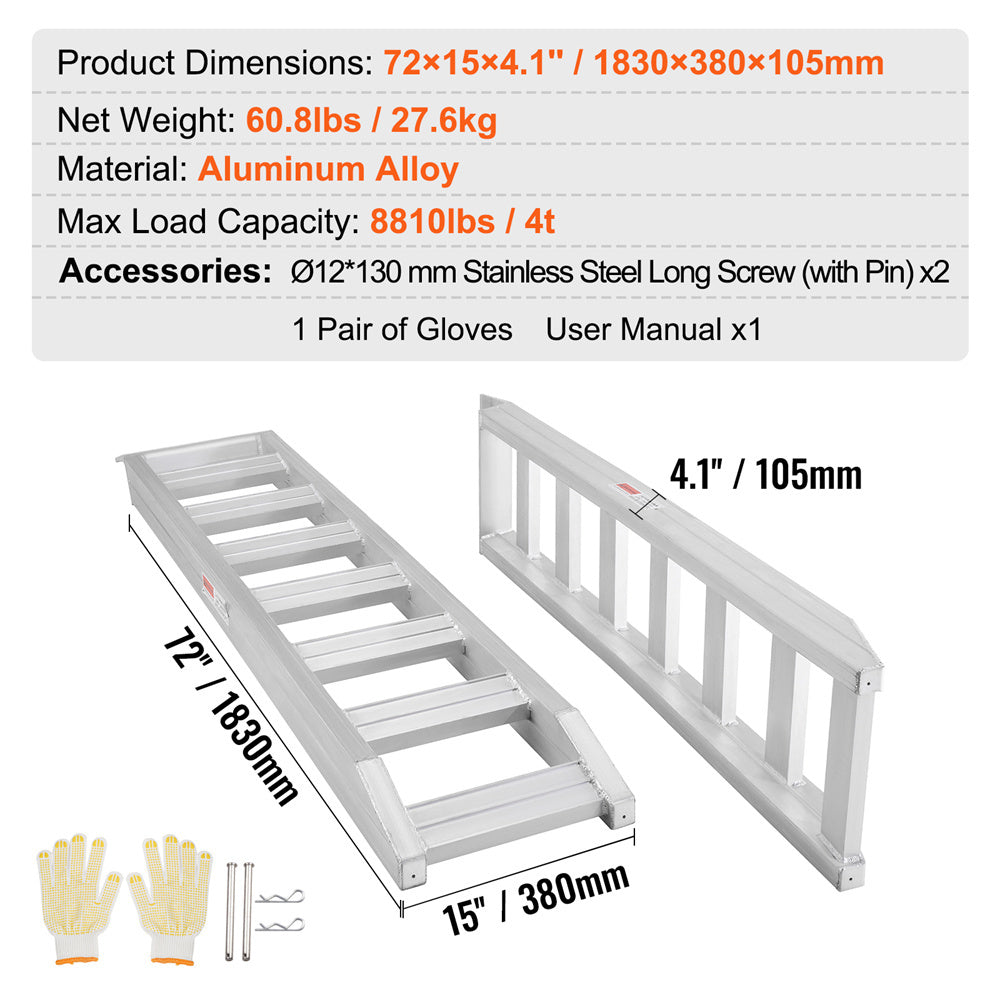 VEVOR Aluminum Ramps, 8810 lbs (Pair) — 72in x 15in Heavy-Duty Loading Ramps