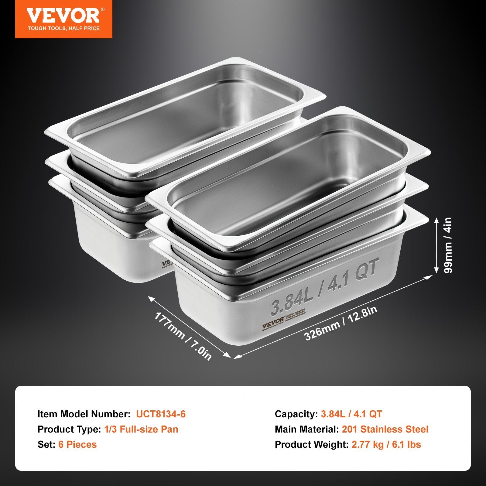 VEVOR 6 Pack Hotel Pans, Anti-Jam Steam Pan, 0.8mm Stainless Steel, 4in Deep (6pcs)