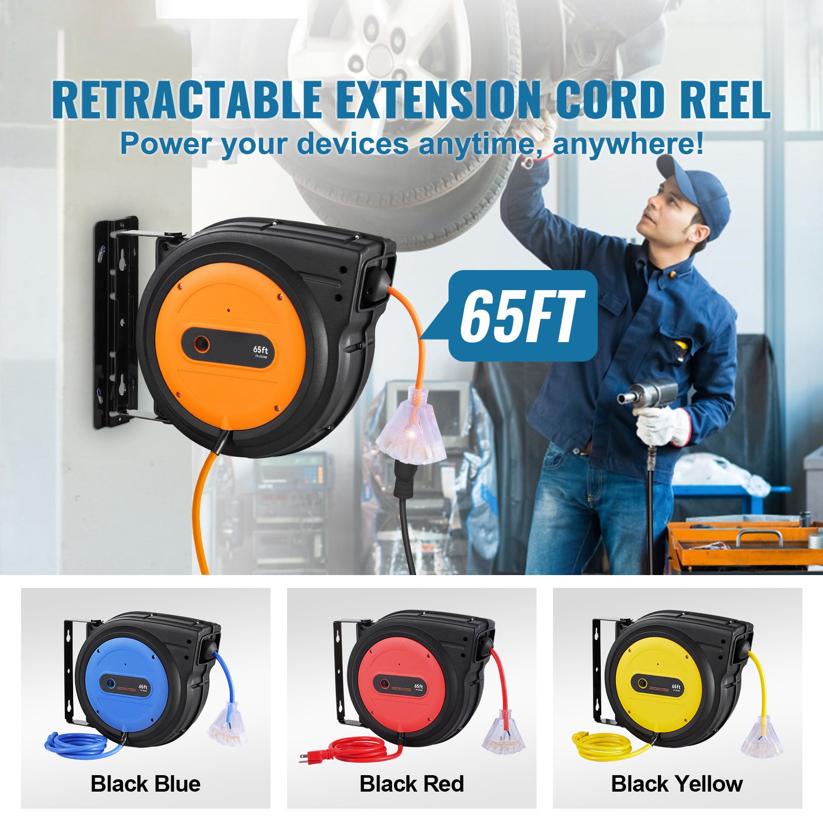 VEVOR Retractable Extension Cord Reel Power Cord Reel 65FT 12AWG 3C SJTOW