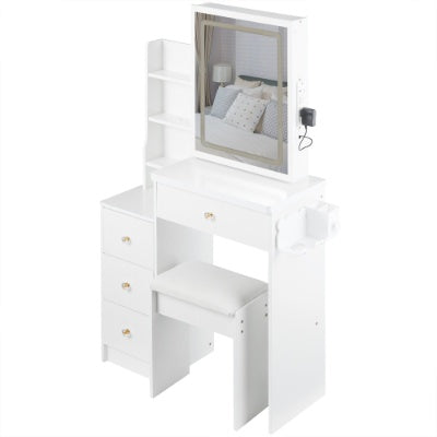 Coocosh bedside vanity table with a sleek LED mirror, crafted from durable MDF, finished in elegant white, perfect for enhancing your bedroom aesthetics.