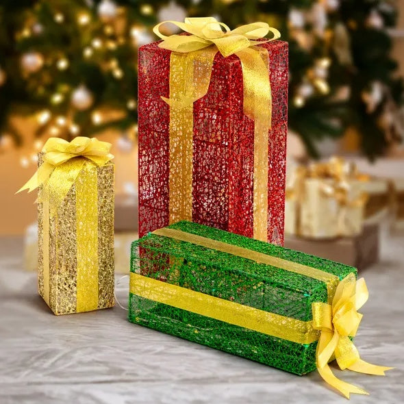 VINGLI Lighted Gift Boxes Set of 3 — Pre-lit Nestable Holiday Present Decor