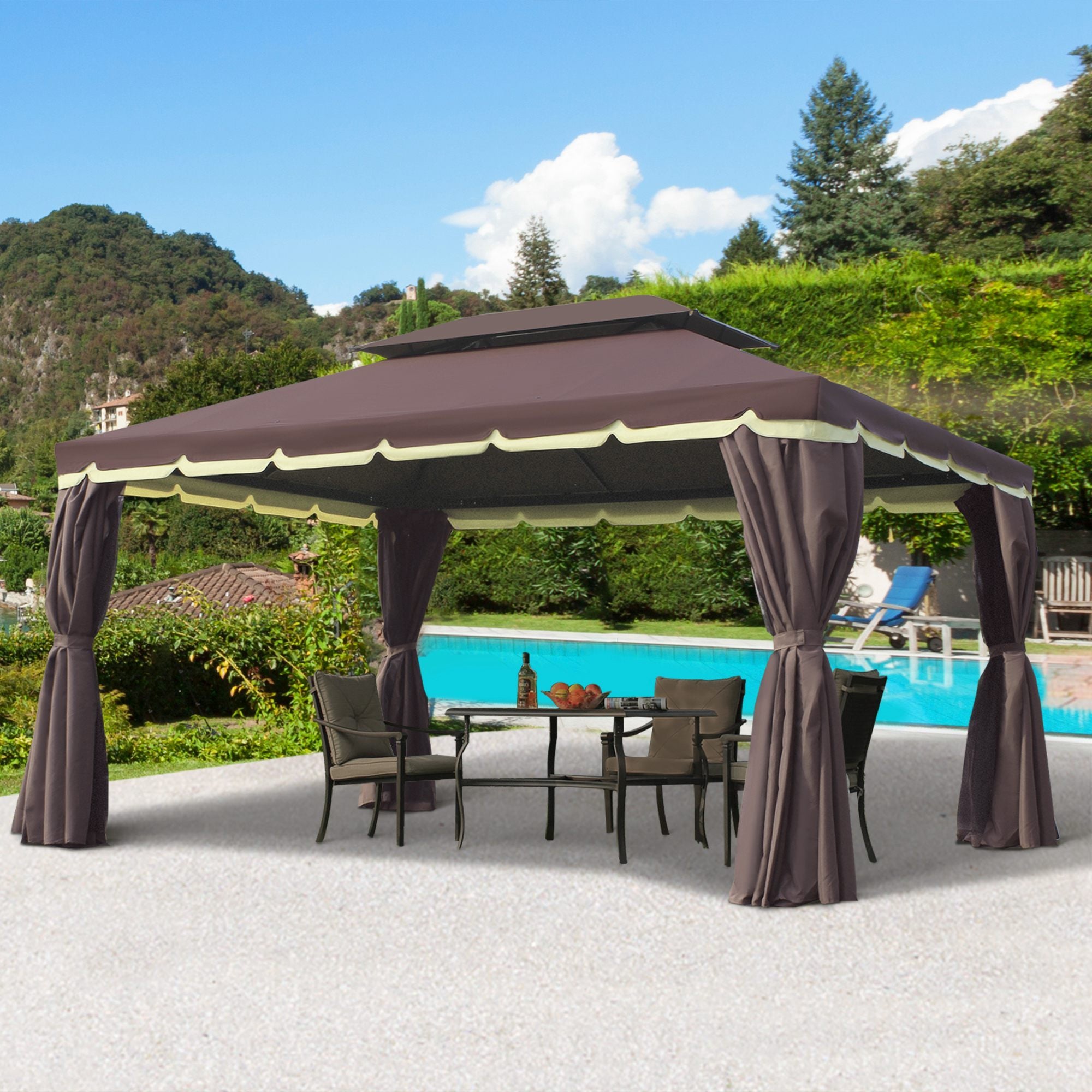 Coocosh patio gazebo with a dark brown canopy and matching curtains provides shade and comfort for outdoor dining by the pool, set against a scenic backdrop of lush green hills and a bright blue sky, offering a perfect setting for relaxation and entertain