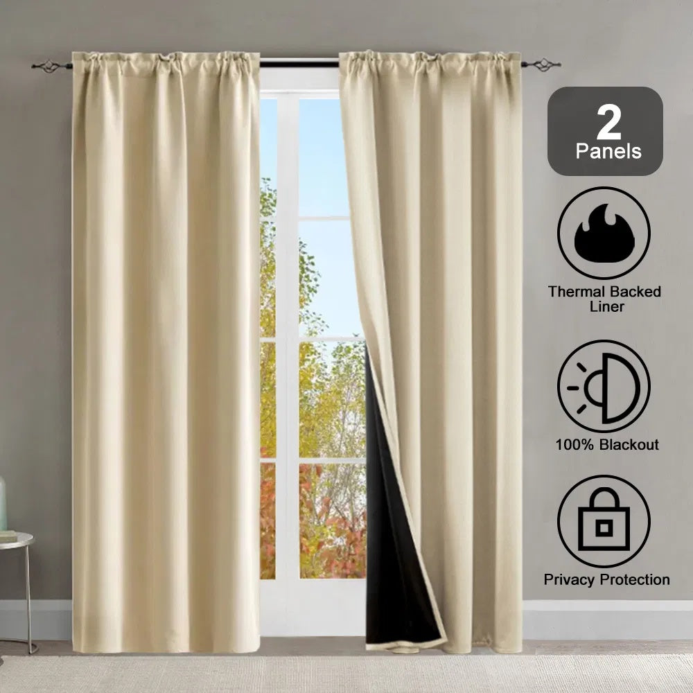 Coocosh Thermal Blackout Curtains Made of 100% Polyester with Thermal Backed Liner in Cream Color, offering Privacy Protection, featuring a Lifestyle Perspective with Two Panels over a Window.