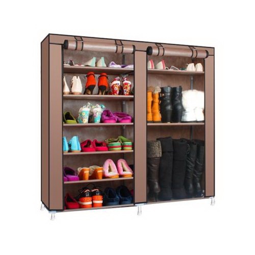 Double Row 9-Grid Non-woven Shoe Cabinet Boots - Coffee