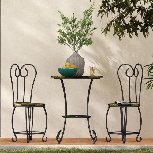 Coocosh coffee table set offers a stylish round design with durable metal construction and comfortable backrest chairs in sleek black, perfect for enhancing your living room ambience.