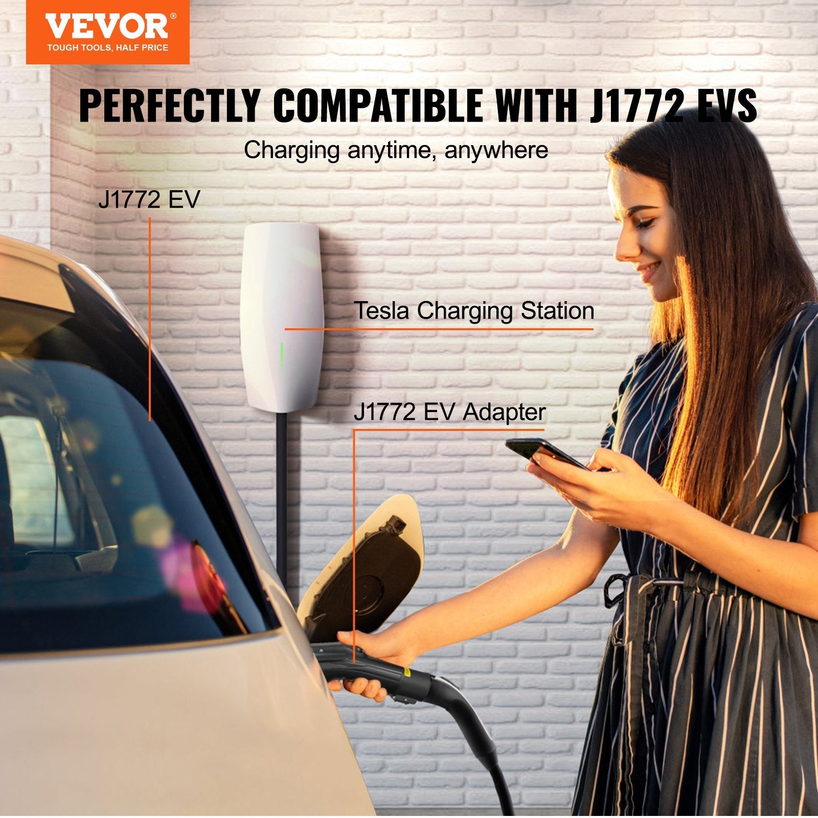 Tesla to J1772 Charging Adapter 48A 240V – for Tesla Wall Connector, Destination & Mobile, Anti-Drop Lock, IP65 Case