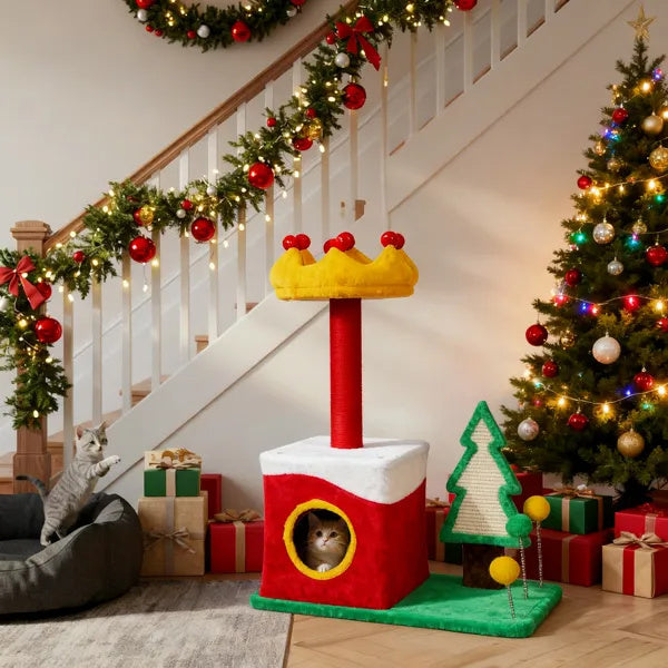 29.5in Christmas-Themed Plush Cat Tree — Multi-Level Cat Tower & Condo