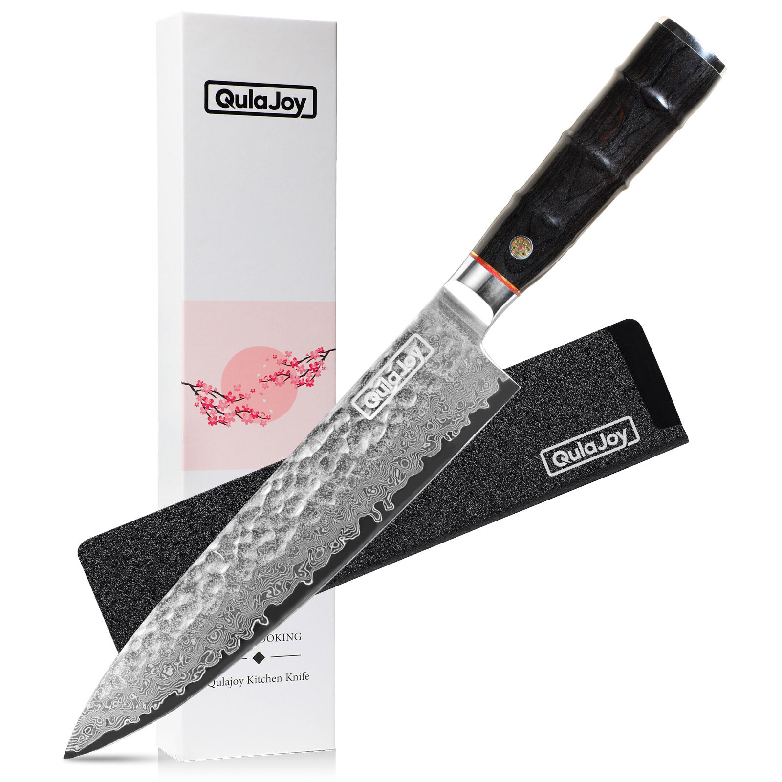 Qulajoy Japanese Chef Knife 8 Inch, 67-Layer Damascus VG-10 Steel Core — Hammered Blade & Ergonomic Bamboo-Style Wooden Handle