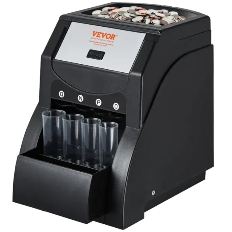 VEVOR USD Coin Sorter, Coin Sorter Machine For USD Coin 1 5 10 25, Sorts Up To 230 Coins Min, Coin Sorter And Wrapper Machine Holds 200 Coins Included 4 Coin Tubes, Black