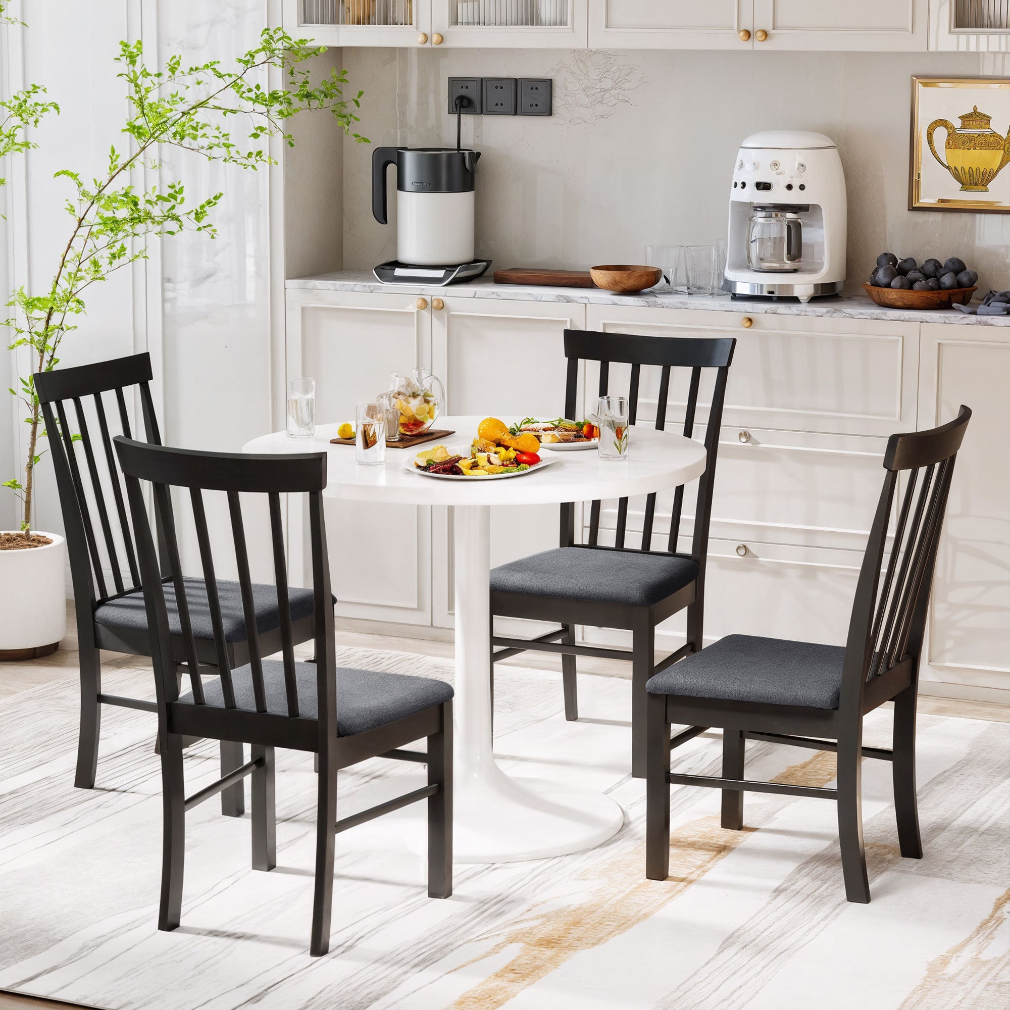 Wooden Dining Chairs Set Of 4 — Farmhouse Upholstered Kitchen Chairs (Black & Gray)