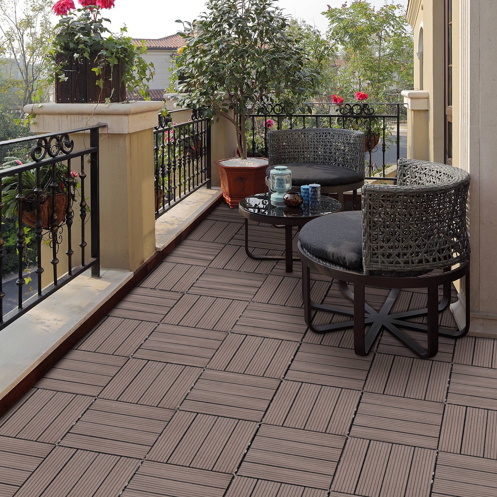 Coocosh light brown deck tiles, made from resilient wood-plastic composite, sized at 12x12 inches, ideal for patios or outdoor gatherings with effective water management.