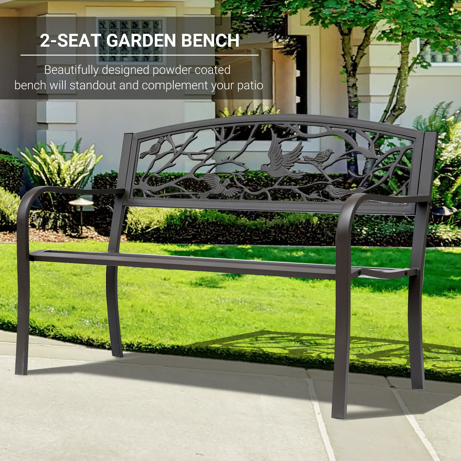 Brown Metal Garden Bench 50" — 2-Seat Patio Bench with Backrest & Armrests