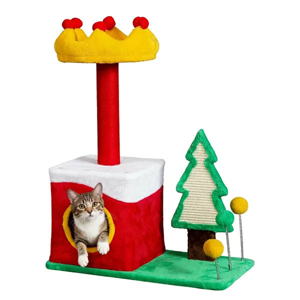 29.5in Christmas-Themed Plush Cat Tree — Multi-Level Cat Tower & Condo