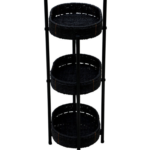 Small Handwoven Side Tables 3-Tier Oval Organizer Portable Storage Shelf For Kitchen, Living Room, Bedroom, Balcony, Picnic - Black