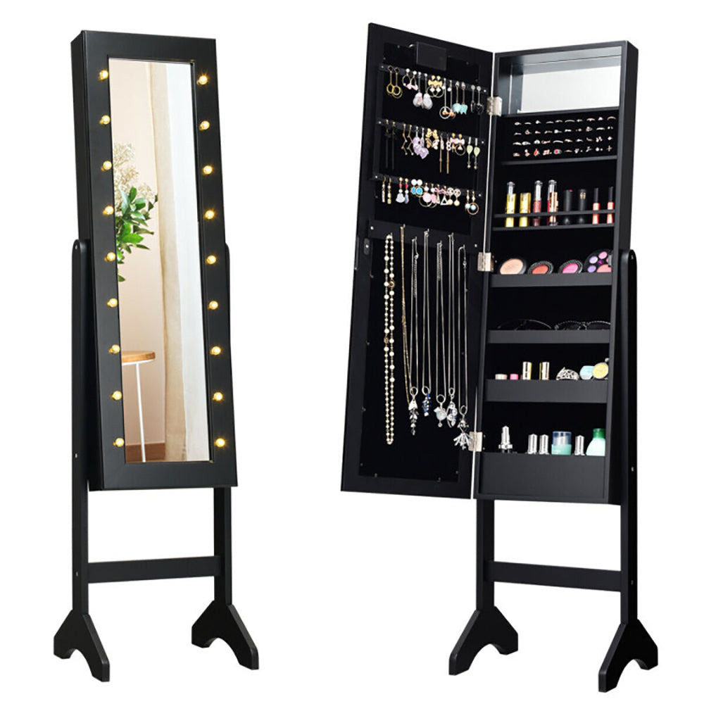 Functional and elegant jewelry armoire by Coocosh, featuring a full-length mirror and interior LED lighting, designed for efficient organization in any stylish space.