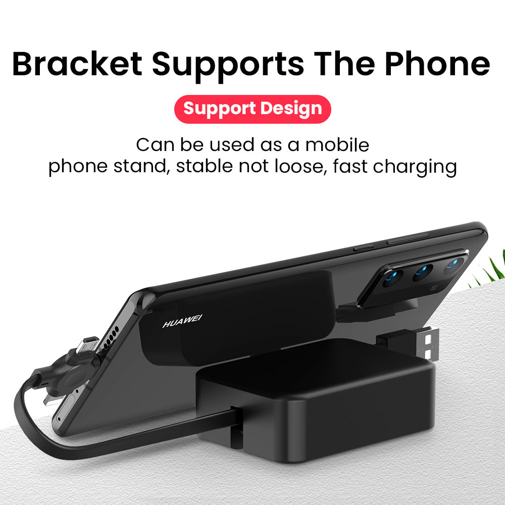 Retractable 3-in-1 Charging Cable with Stand & Storage (USB-A to USB-C/Micro/Lightning, 100 cm, 0.3 A (USB-A Input + 3 Tips)