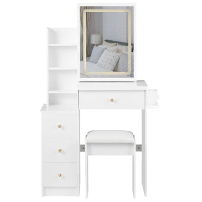 Coocosh Vanity Set with mirror featuring ample storage, made of durable wood, in sleek white, including a matching padded stool. Ideal for enhancing bedroom aesthetics and creating a stylish grooming space.