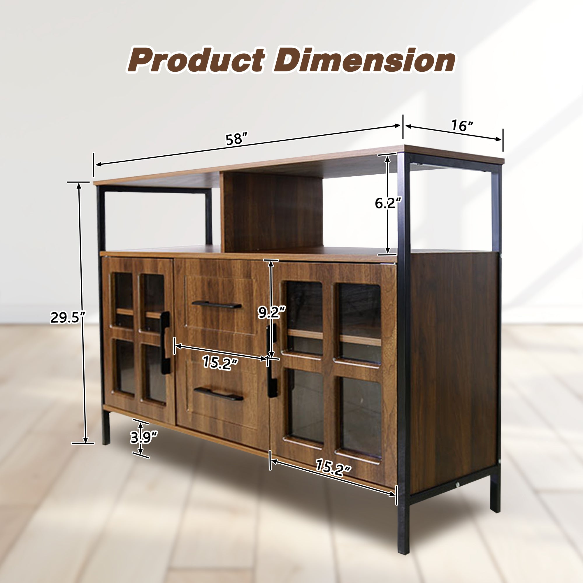 DL Store Living Room Buffet Cabinet with Glass Doors & Drawers — Brown