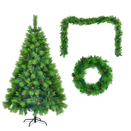6FT Grass Green Pre-Lit Christmas Tree Set with 9ft Garland & 1.64ft Wreath