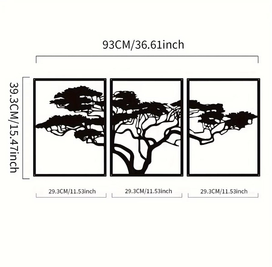 Set Of 3 Black Metal Tree Of Life Wall Arts, Stunning Boho Spiritual Decor