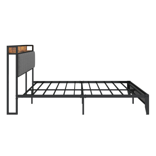 Full Size Bed Frame With Charging Station, Upholstered Headboard, Metal Platform - Light Gray