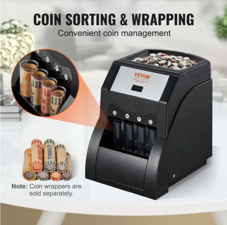 VEVOR USD Coin Sorter, Coin Sorter Machine For USD Coin 1 5 10 25, Sorts Up To 230 Coins Min, Coin Sorter And Wrapper Machine Holds 200 Coins Included 4 Coin Tubes, Black