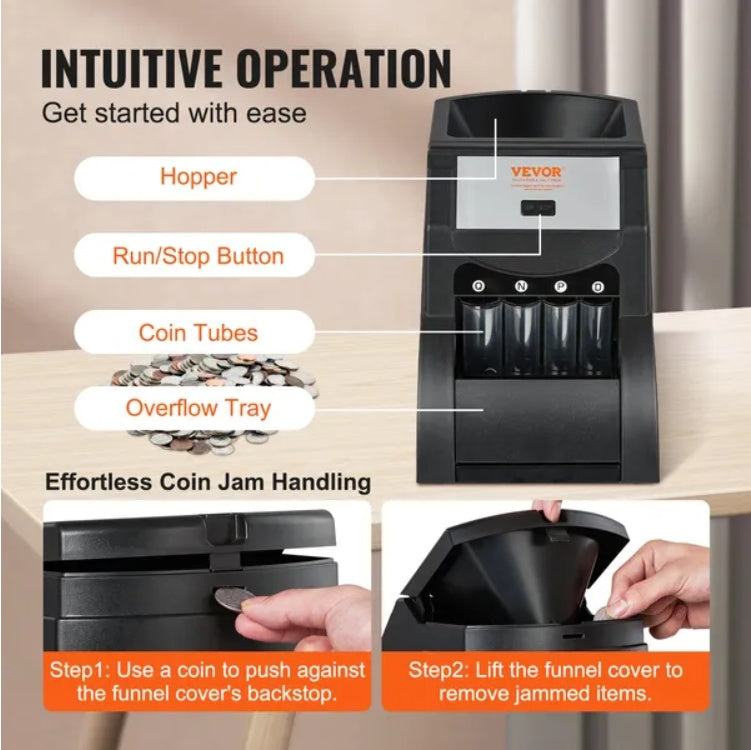 VEVOR USD Coin Sorter, Coin Sorter Machine For USD Coin 1 5 10 25, Sorts Up To 230 Coins Min, Coin Sorter And Wrapper Machine Holds 200 Coins Included 4 Coin Tubes, Black