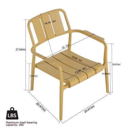 Coocosh Outdoor Chair made from durable fiberglass in a stylish sandy hue, featuring ergonomic slats for comfort. Dimensions: 27.56 x 24.41 x 20.47 inches. Ideal for relaxing outdoors.