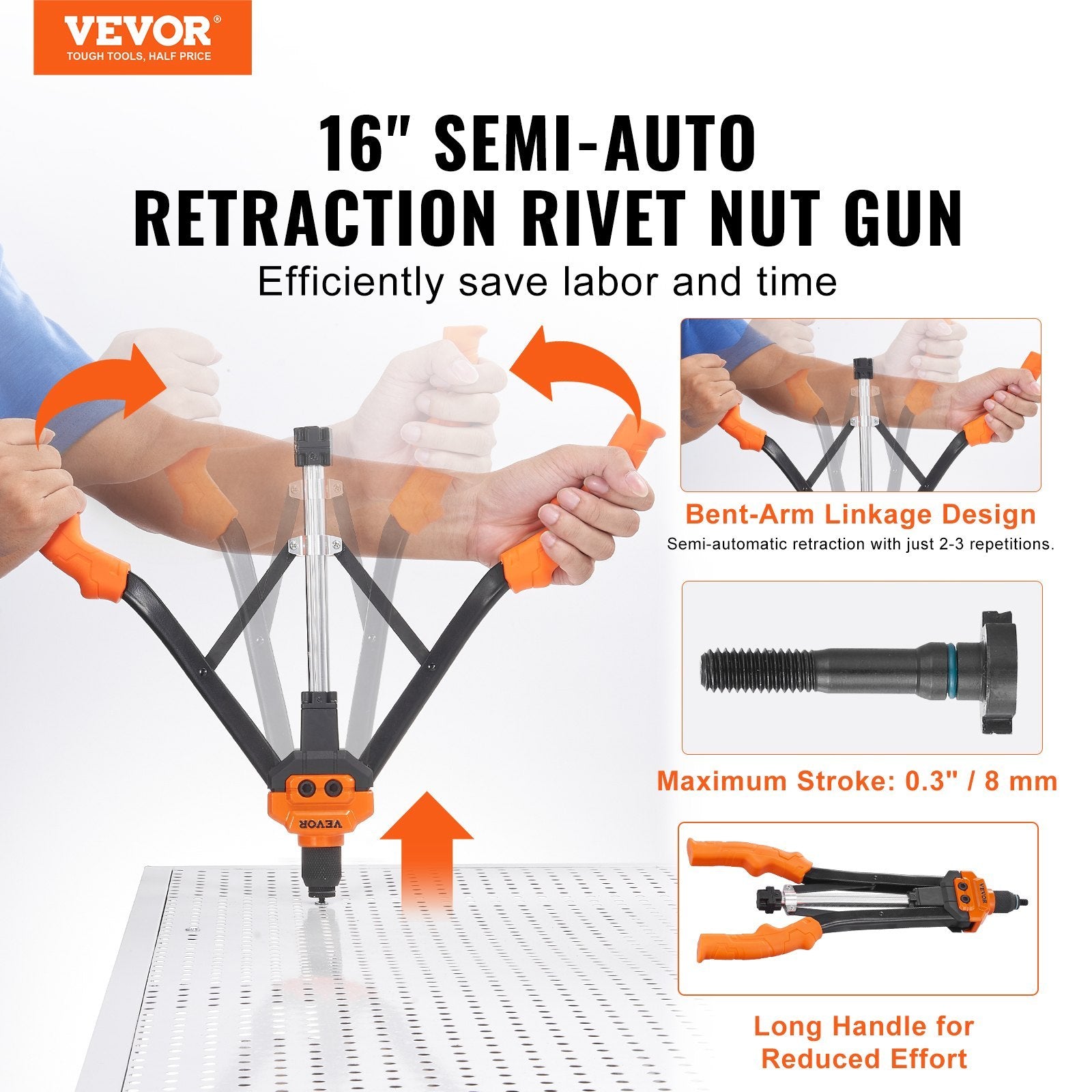 VEVOR 16" Semi-Auto Rivet Nut Tool Kit — 13 Mandrels & 186 Rivet Nuts (M3–M12)