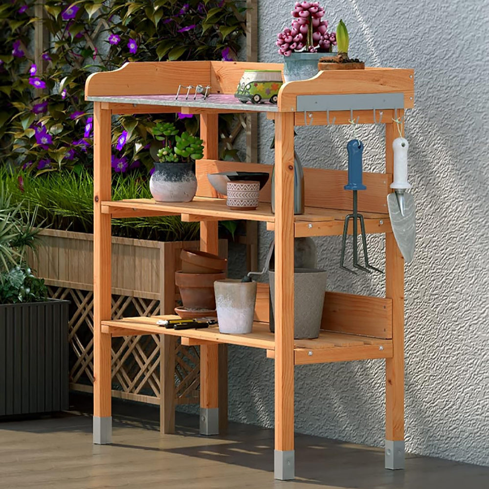 Garden Wooden Potting Bench Work Station With Hook