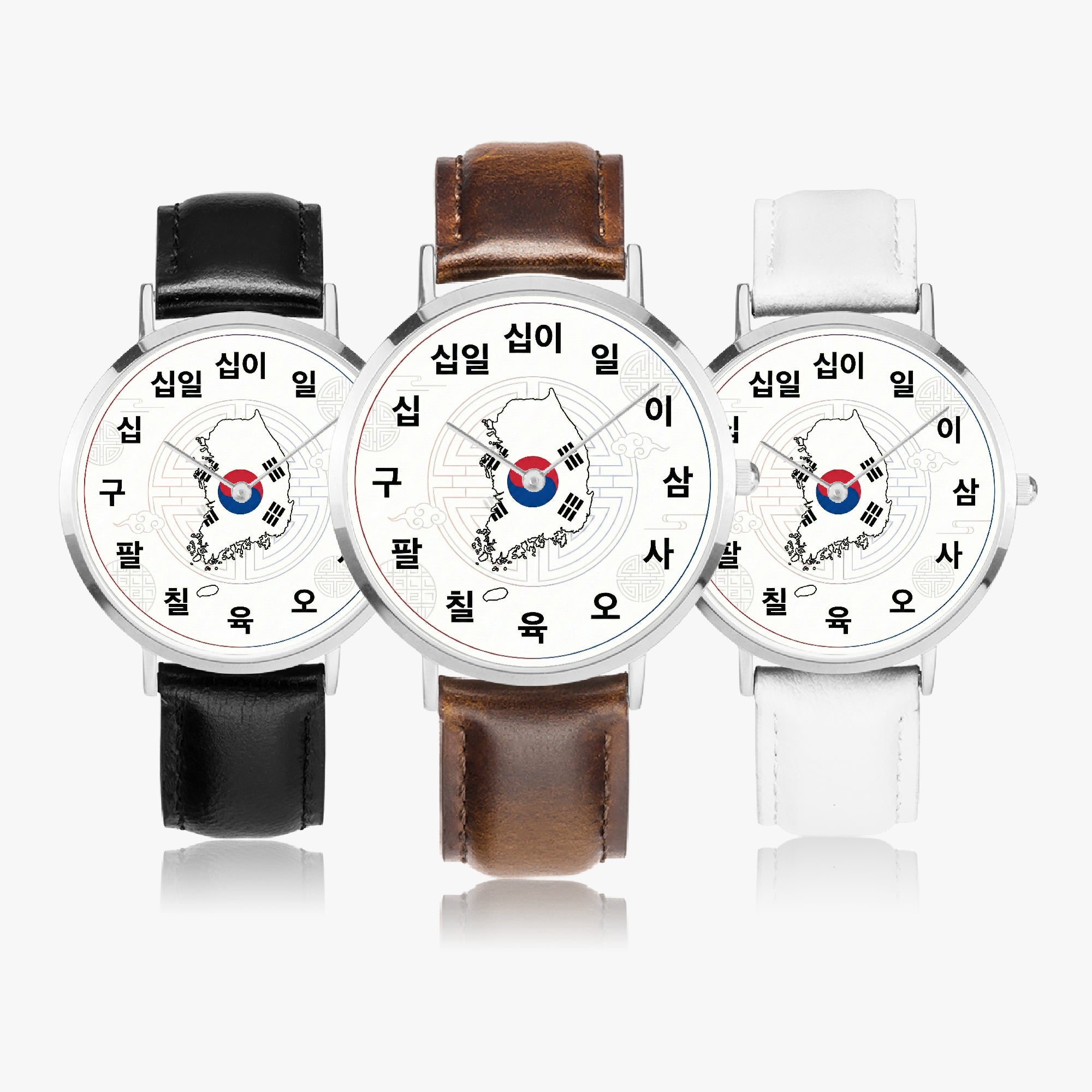 Coocosh Korea Heritage Edition watches in black, brown, and white showcase minimalist elegance with ultra-thin quartz movement. Each piece, adorned with subtle Korean characters and the South Korean flag motif, effortlessly enhances any outfit or occasion.
