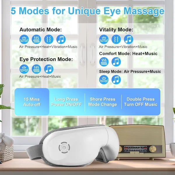 Coocosh Eye Massager with Air Pressure and Heat Features in White Color, Showcasing Five Unique Massage Modes in a Cozy Indoor Setting, Illustrated with Usability Instructions and a Retro Radio.