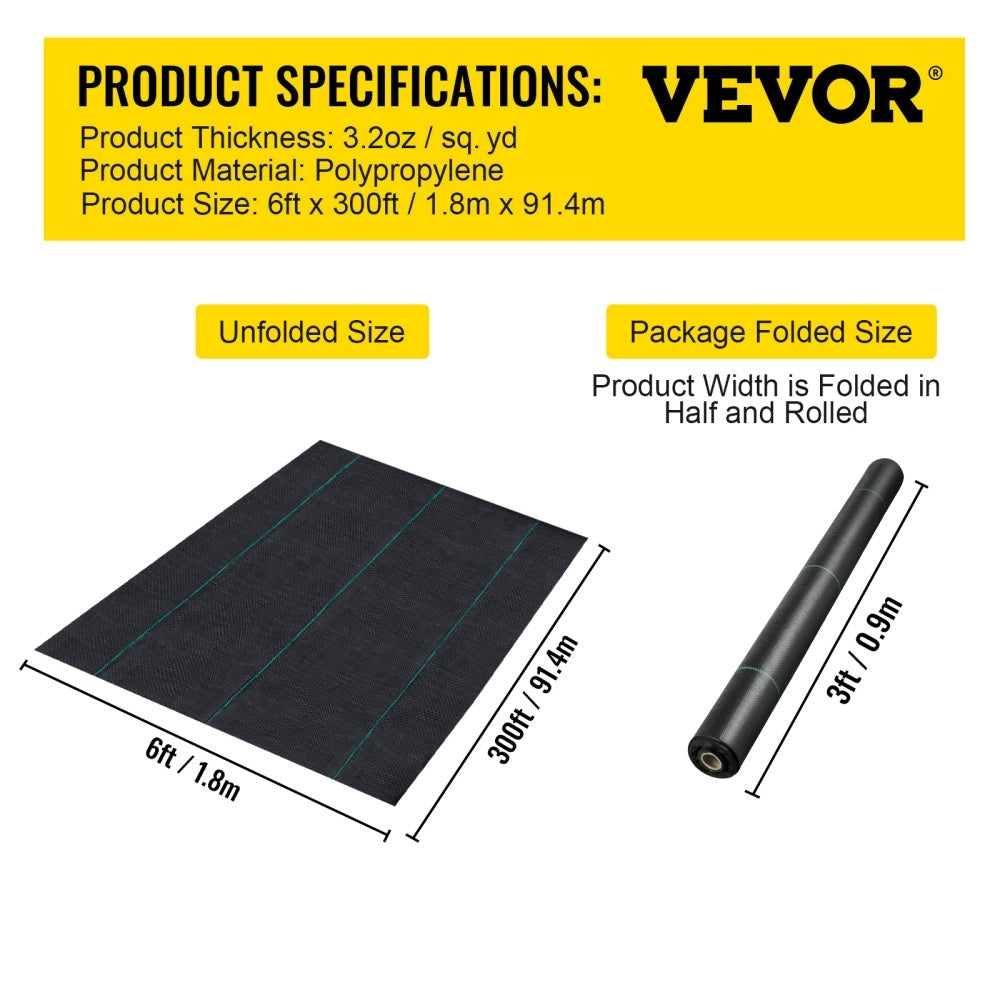 VEVOR 6FTx300FT Premium Weed Barrier Fabric Heavy Duty 3.2OZ