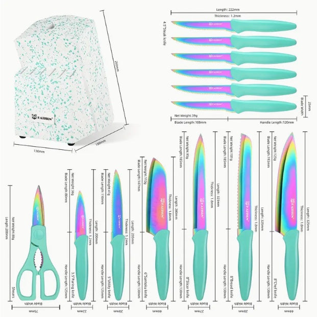 14-Piece Rainbow Colored High Carbon Stainless Steel Kitchen Knife Set with Wooden Stand & Scissors