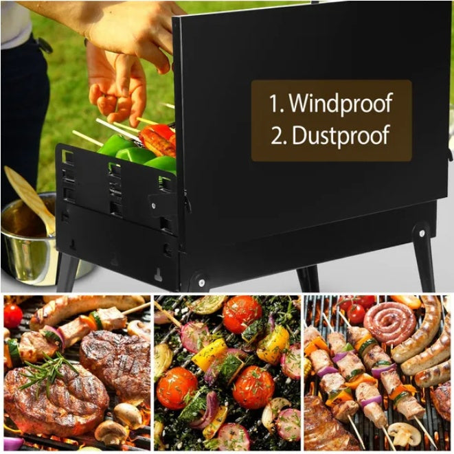 Coocosh Portable Grill with Windproof and Dustproof Features in Black, perfect for outdoor cooking adventures, dimensions ideal for campfires, showcasing grilling meats and vegetables from a main view perspective.