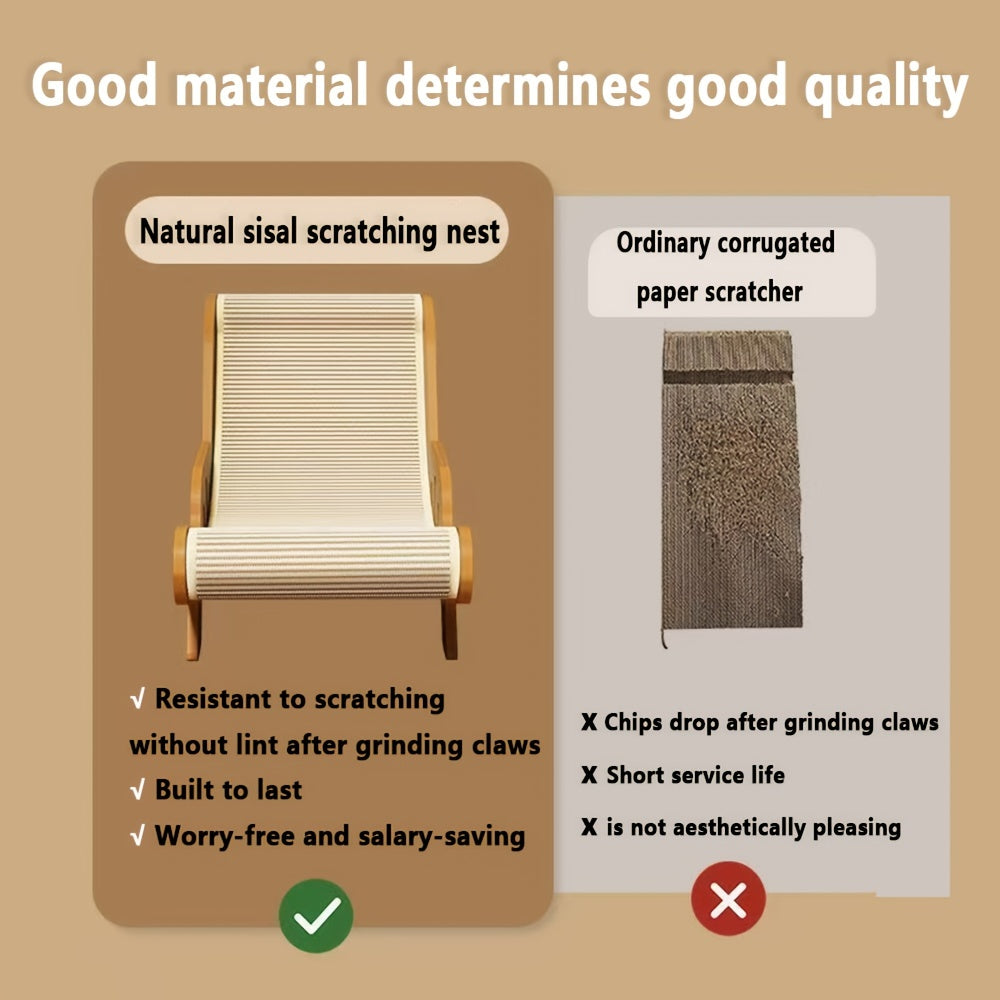 Natural Wood Durable Sisal Cat Hammock With Scratching Board - Multifunctional Indoor Cat Furniture, Ergonomic Lounger For Rest And Play, Scratch-Resistant And Wear-Resistant