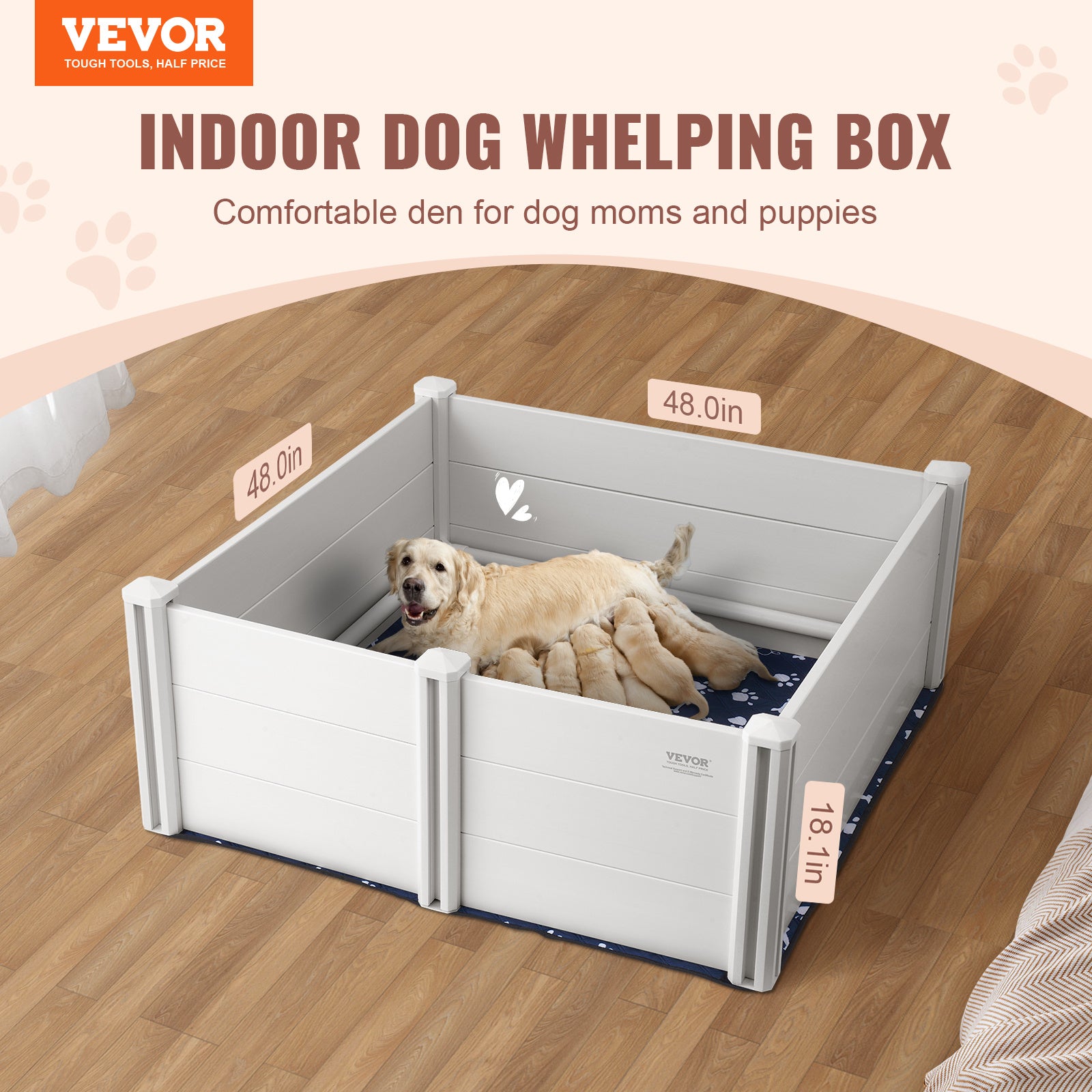 VEVOR Dog Whelping Box 48 X 48 X 18.1in PVC With Rails Pee Pad For Dogs Puppies