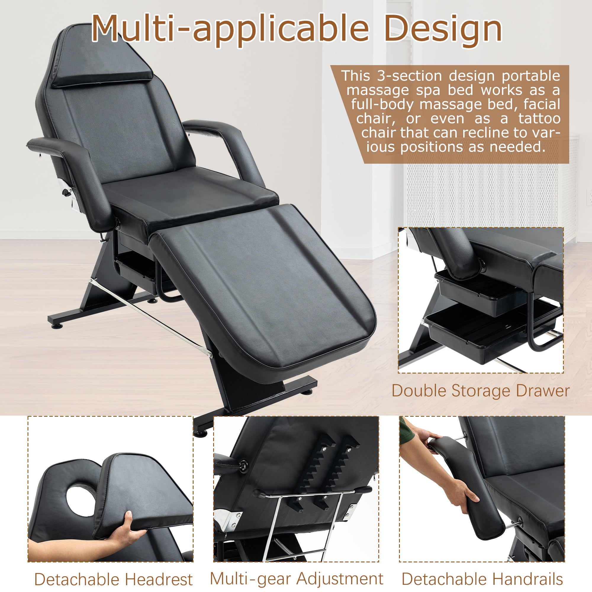 Hydraulic 3-Section Massage & Tattoo Chair with Stool and Two Trays