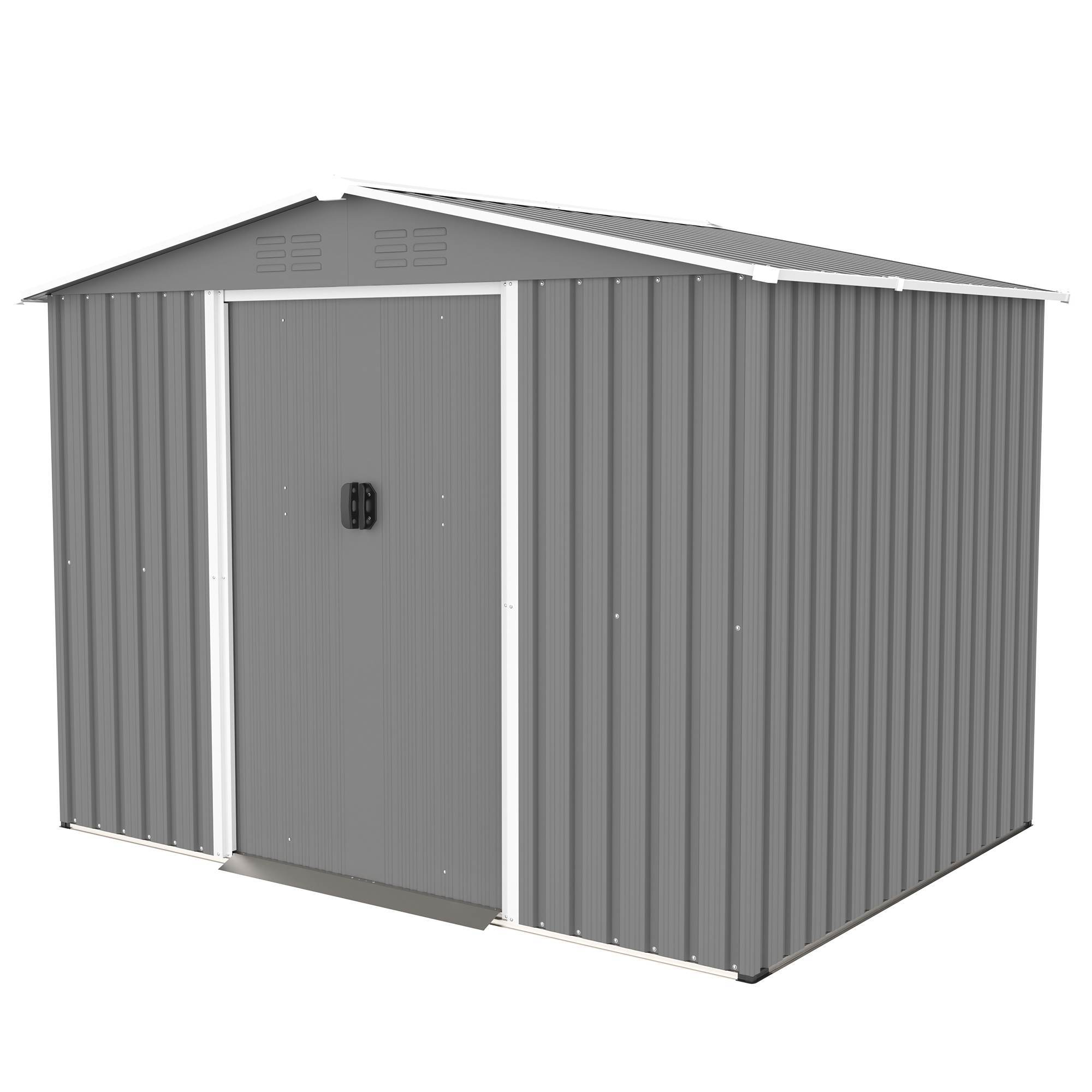 8x6 FT Outdoor Tool Storage Shed With Metal Foundation & Lockable Sliding Doors, Gray