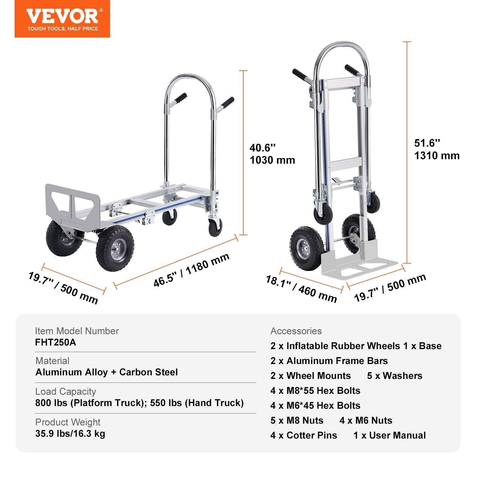 VEVOR Aluminum Hand Truck, 2-in-1 Convertible 800 lb Capacity