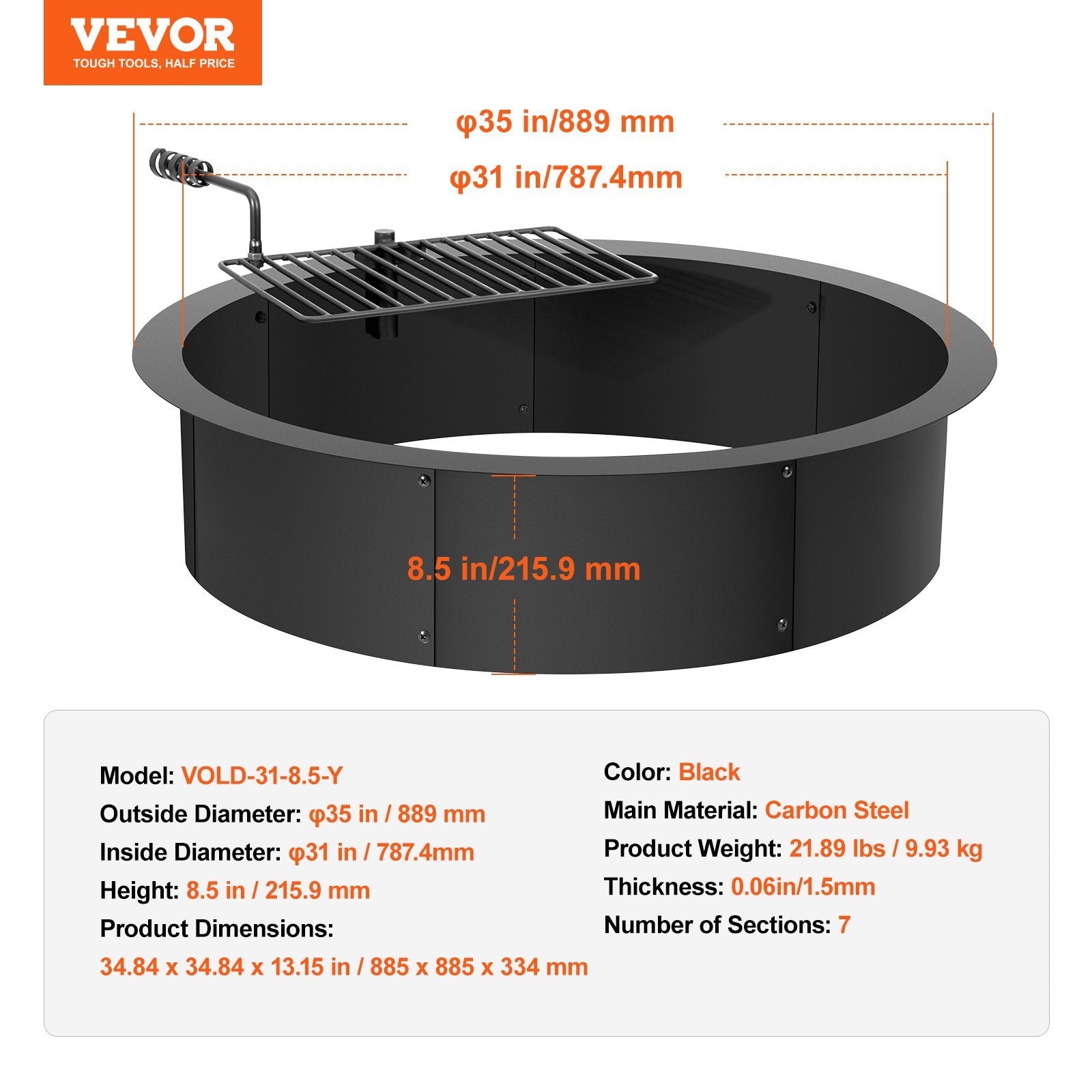 35" Fire Pit Ring with Swivel Grill – Heavy-Duty Steel Outdoor Campfire Insert